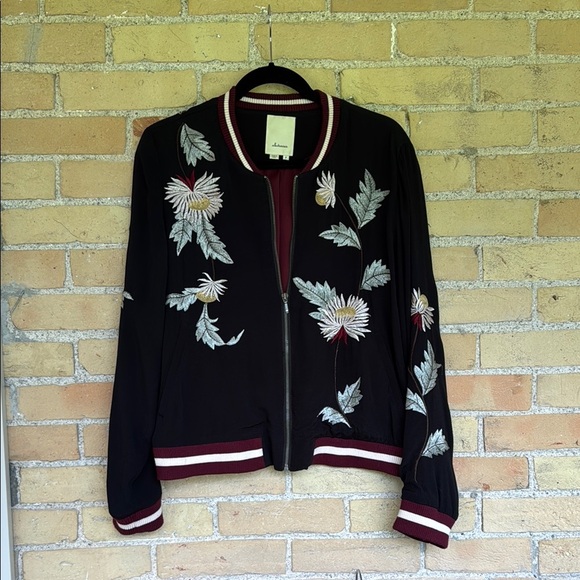 Anthropologie Elevenses Black Floral Embroidered Solstice Bomber Jacket - Picture 3 of 8